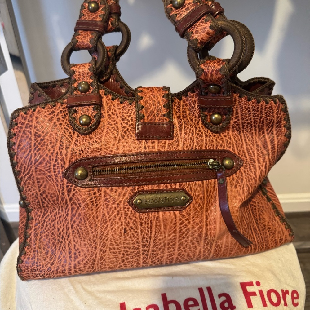 Isabella Fiore Textured Red and Brown Satchel - Picture 3 of 6